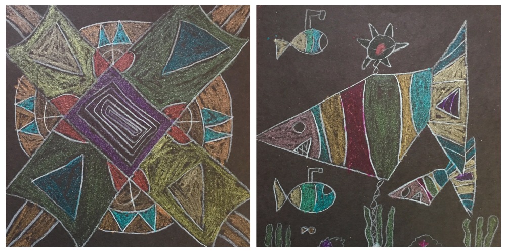 Inspired by Paul Klee, students draw one realistic and one abstract piece of artwork, then color them with metallic crayons.