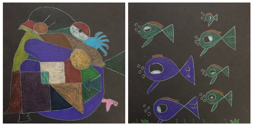 Inspired by Paul Klee, students draw one realistic and one abstract piece of artwork, then color them with metallic crayons.