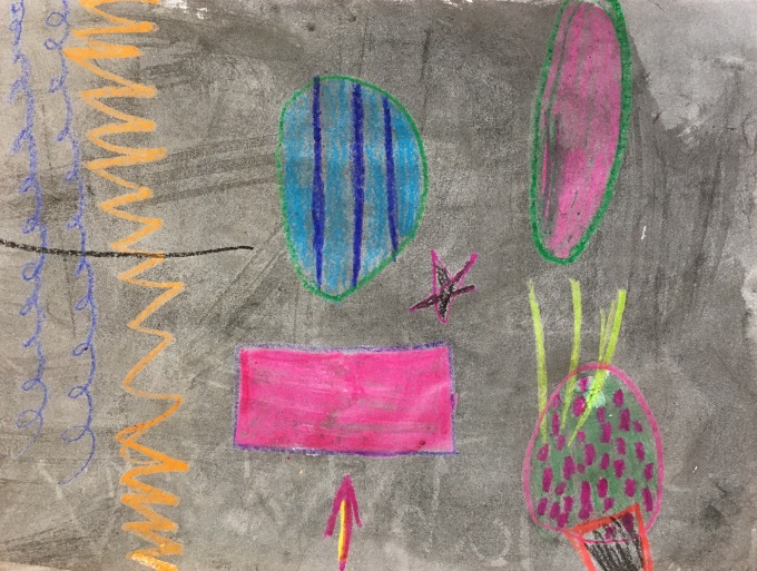 Inspired by Kandinsky, students play a drawing game using crayons. Then they paint over their artwork with ink.