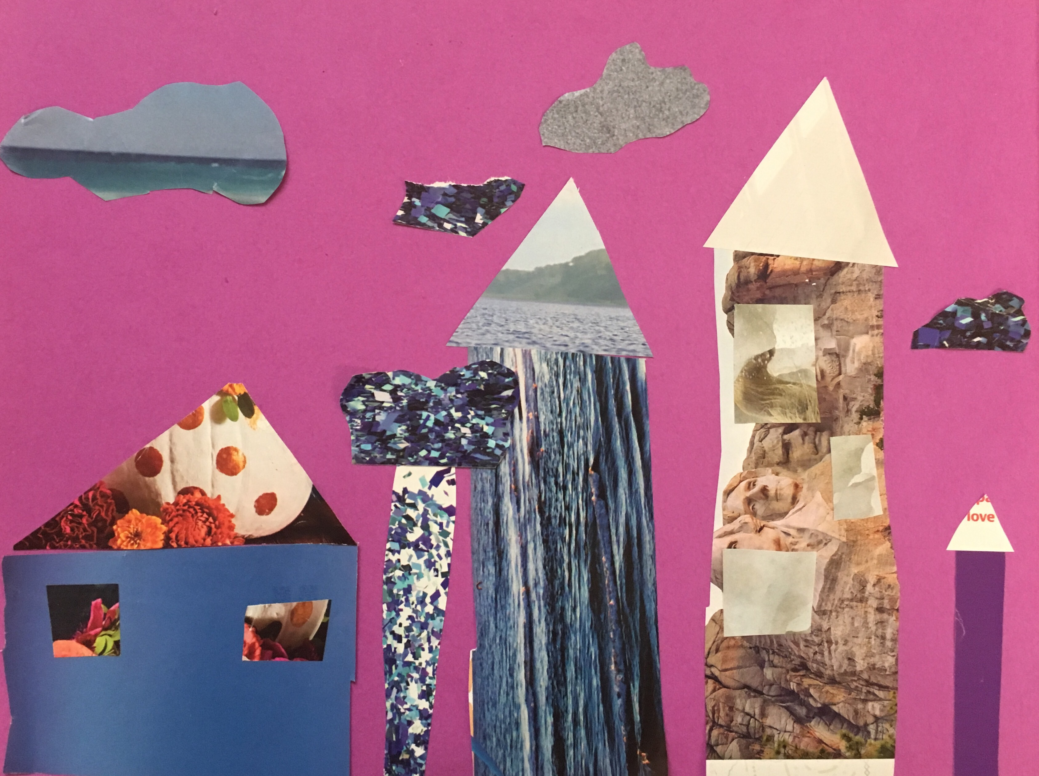 Make a city collage by cutting shapes out of patterned or textured magazine pages.